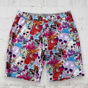 HRESKI Men's Skulls and Roses Print GOLF SHORTS Size 36 9.5"‎